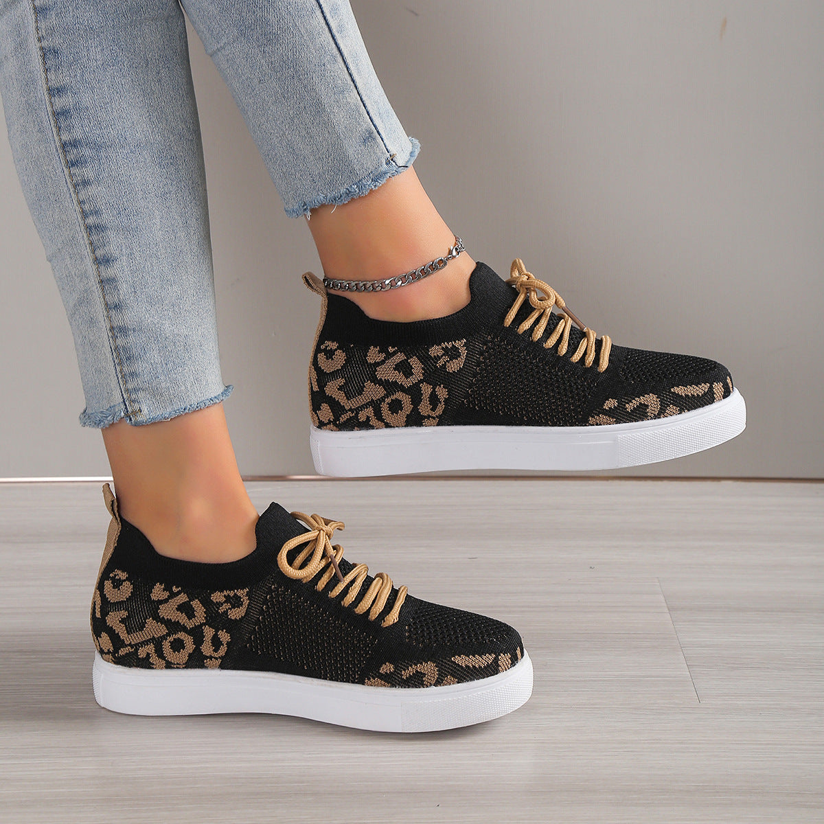 PREORDER Lace-Up Leopard Flat Sneakers 2/9