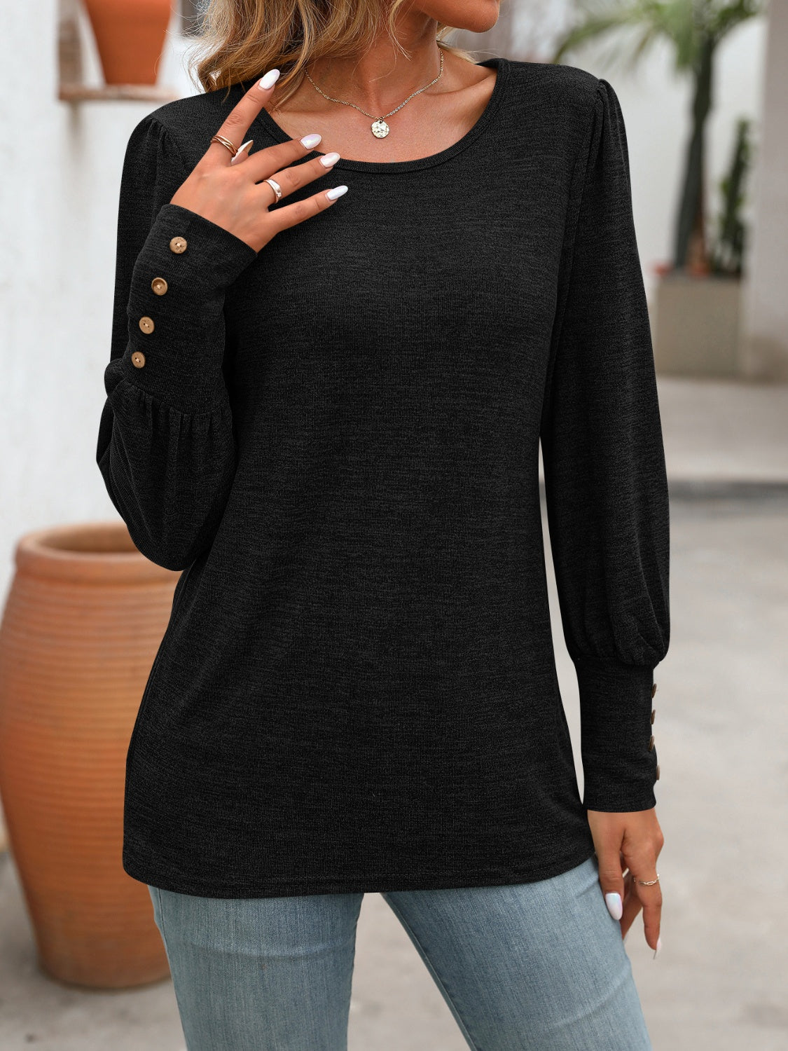 PREORDER Decorative Button Round Neck Long Sleeve T-Shirt