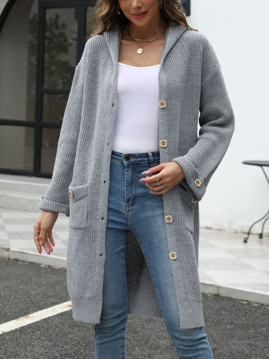 PREORDER Pocketed Button Up Long Sleeve Hooded Cardigan 2/9