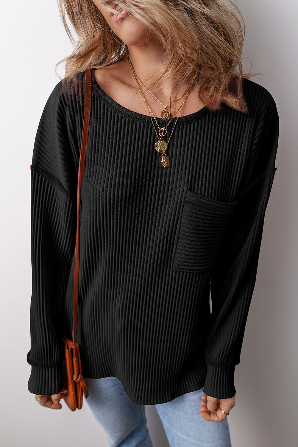 PREORDER Pocketed Round Neck Long Sleeve Top