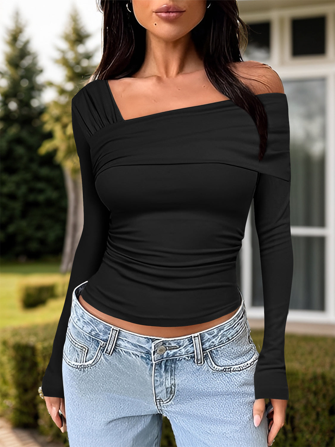 PREORDER Ruched One Shoulder Long Sleeve T-Shirt 2/9