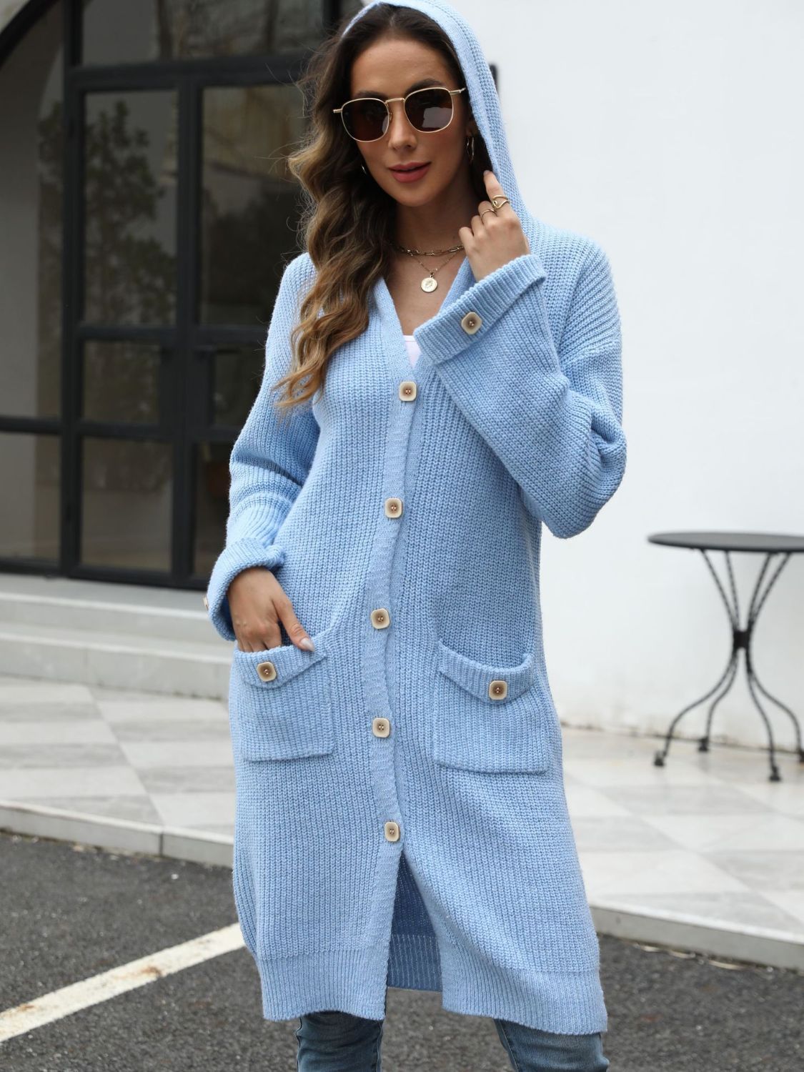 PREORDER Pocketed Button Up Long Sleeve Hooded Cardigan 2/9