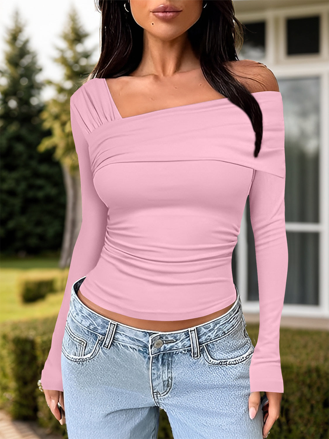 PREORDER Ruched One Shoulder Long Sleeve T-Shirt 2/9