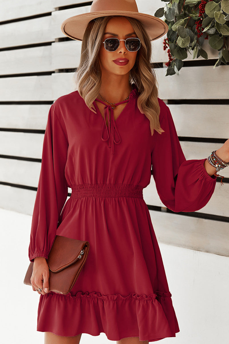 Taylor Tie Neck Smocked Waist Ruffle Hem Dress- 1 size M left! FINAL SALE!