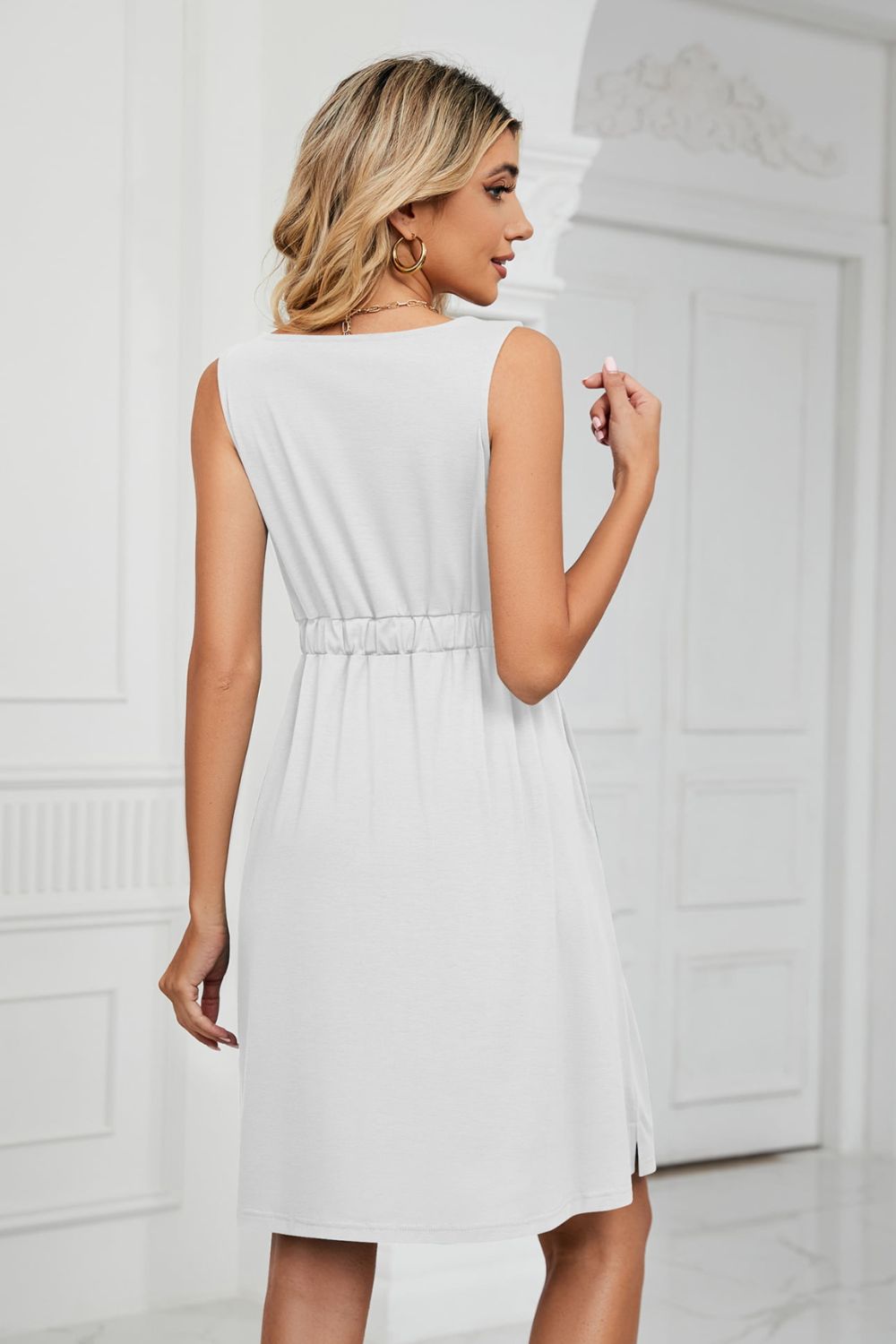 Tanna Buttoned V-Neck Sleeveless Mini Dress with Pockets- 1 size Small, White left! FINAL SALE!