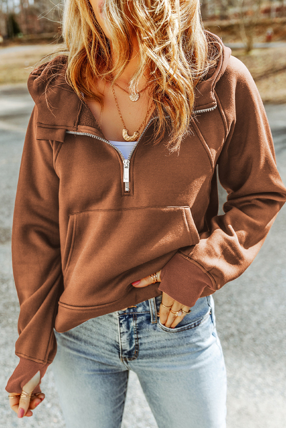 Bailey Half-Zip Thumbhole Sleeve Hoodie- 1 size Large/Caramel and 1 size Medium/Blush Pink left! FINAL SALE!