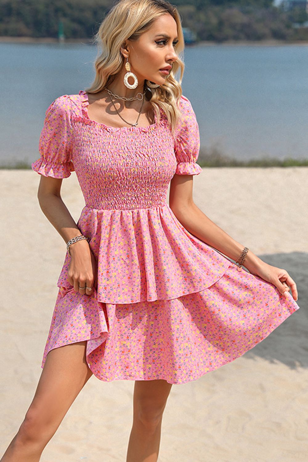 Emma Floral Tie Back Smocked Layered Dress- 1 size Large left! FINAL SALE!