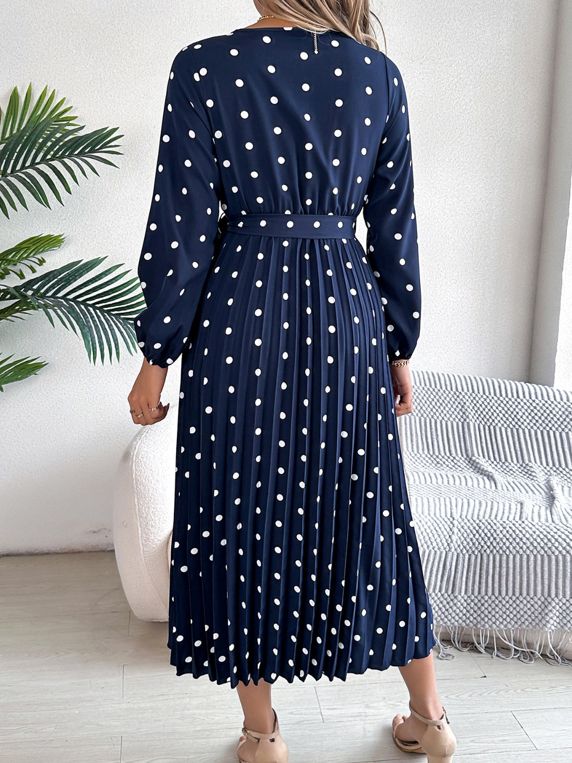 PREORDER Tied Polka Dot Long Sleeve Midi Dress