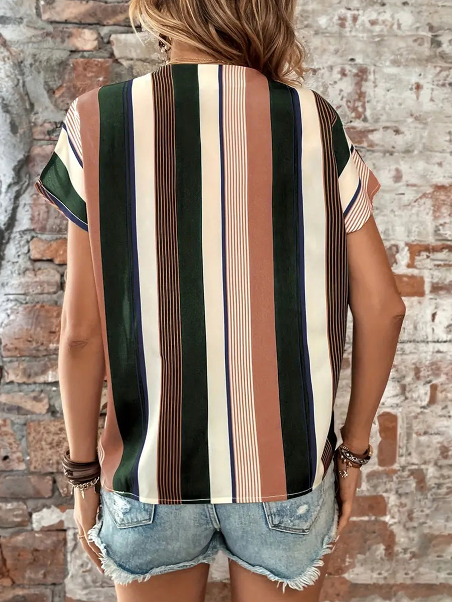 Shari Striped Notched Neck Short Sleeve Blouse- 1 Large Left! FINAL SALE!
