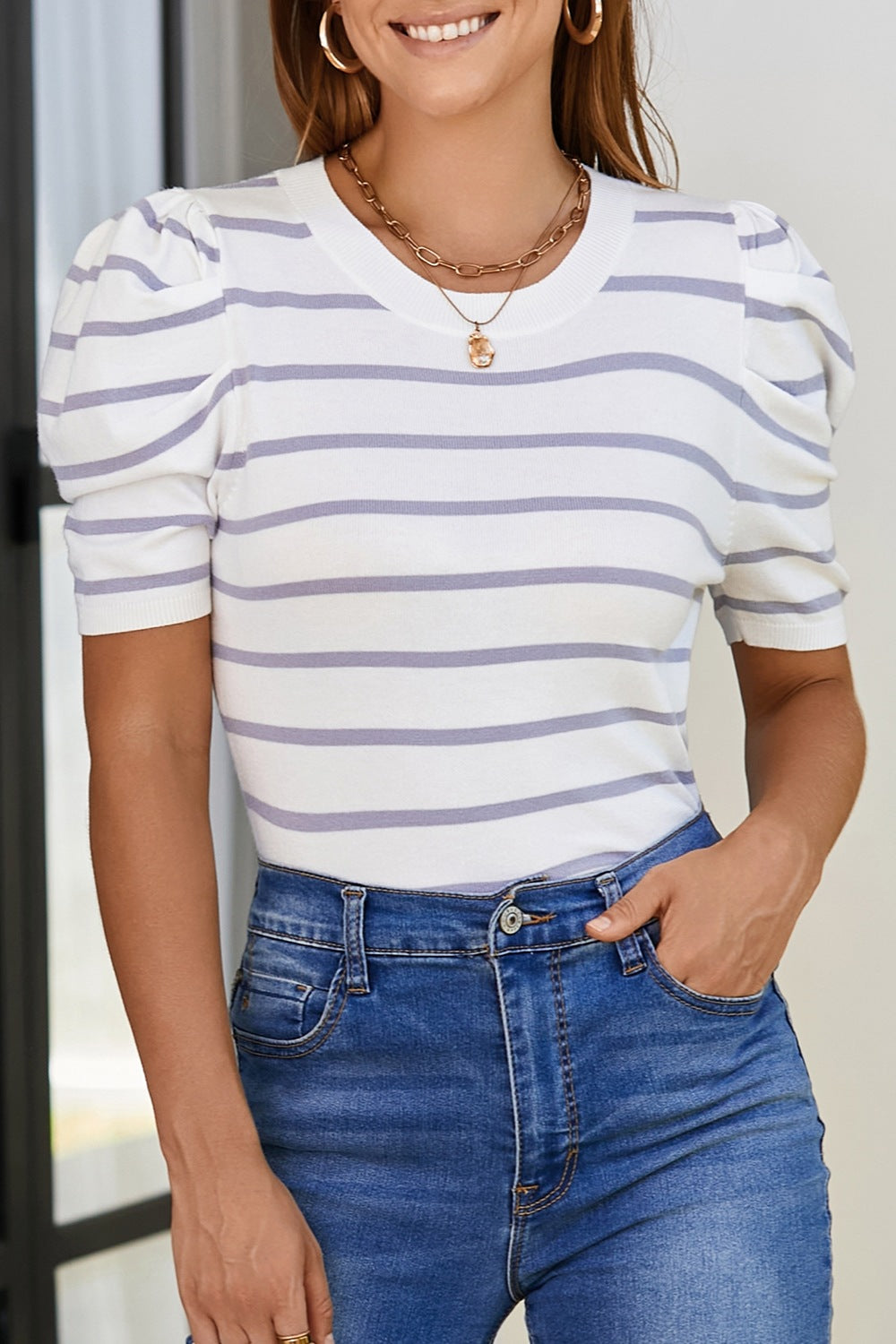 PREORDER Striped Round Neck Puff Sleeve Knit Top 2/9