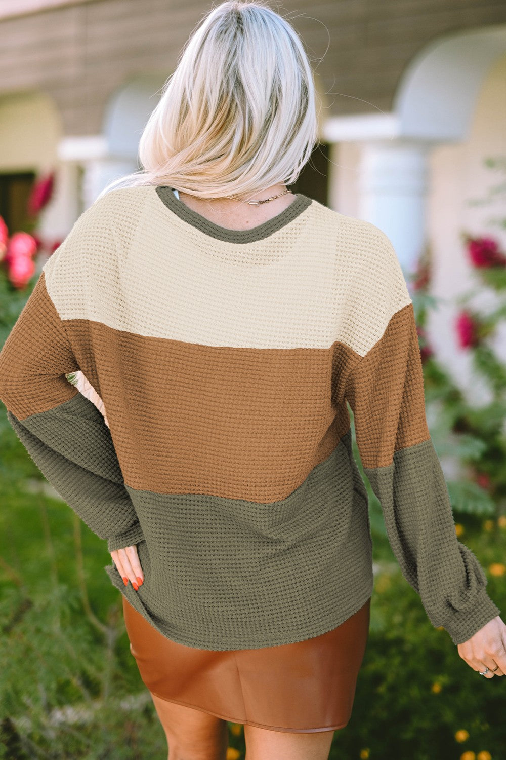 PREORDER Waffle-Knit Color Block Round Neck Long Sleeve Blouse