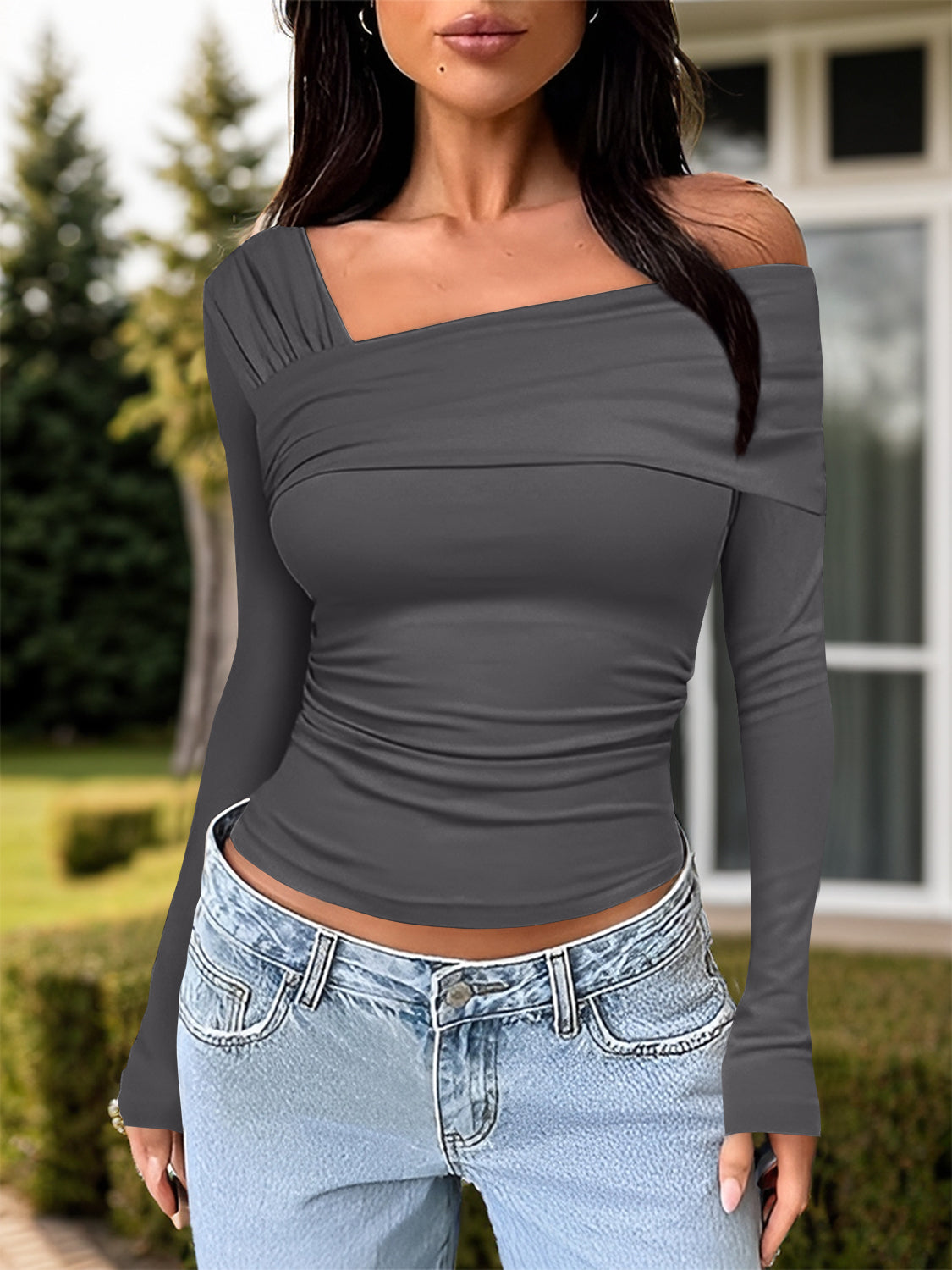 PREORDER Ruched One Shoulder Long Sleeve T-Shirt 2/9