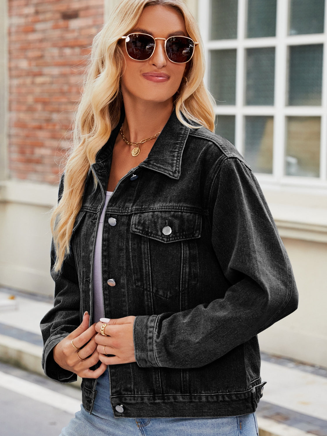 PREORDER Pocketed Collared Neck Denim Jacket