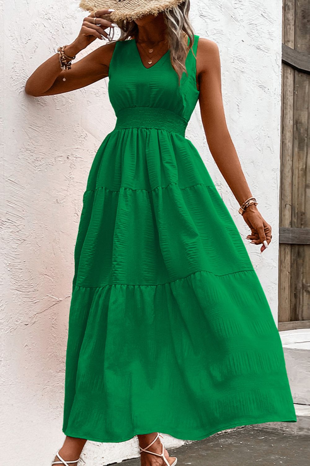 Jessica V-Neck Smocked Waist Sleeveless Tiered Dress- 2 size 2XLs left in Tangerine and 1 size 2XL left in Blush Pink! FINAL SALE!