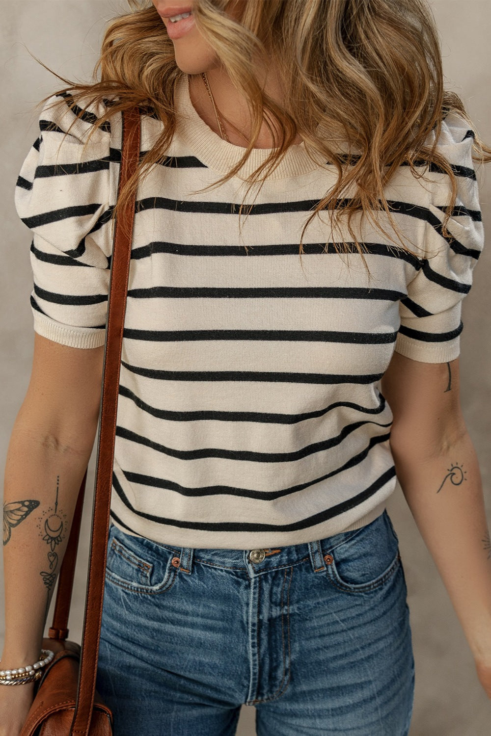 PREORDER Striped Round Neck Puff Sleeve Knit Top 2/9