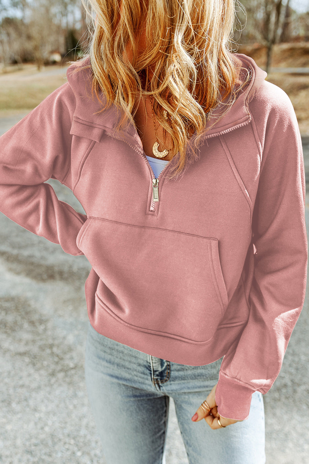 Bailey Half-Zip Thumbhole Sleeve Hoodie- 1 size Large/Caramel and 1 size Medium/Blush Pink left! FINAL SALE!