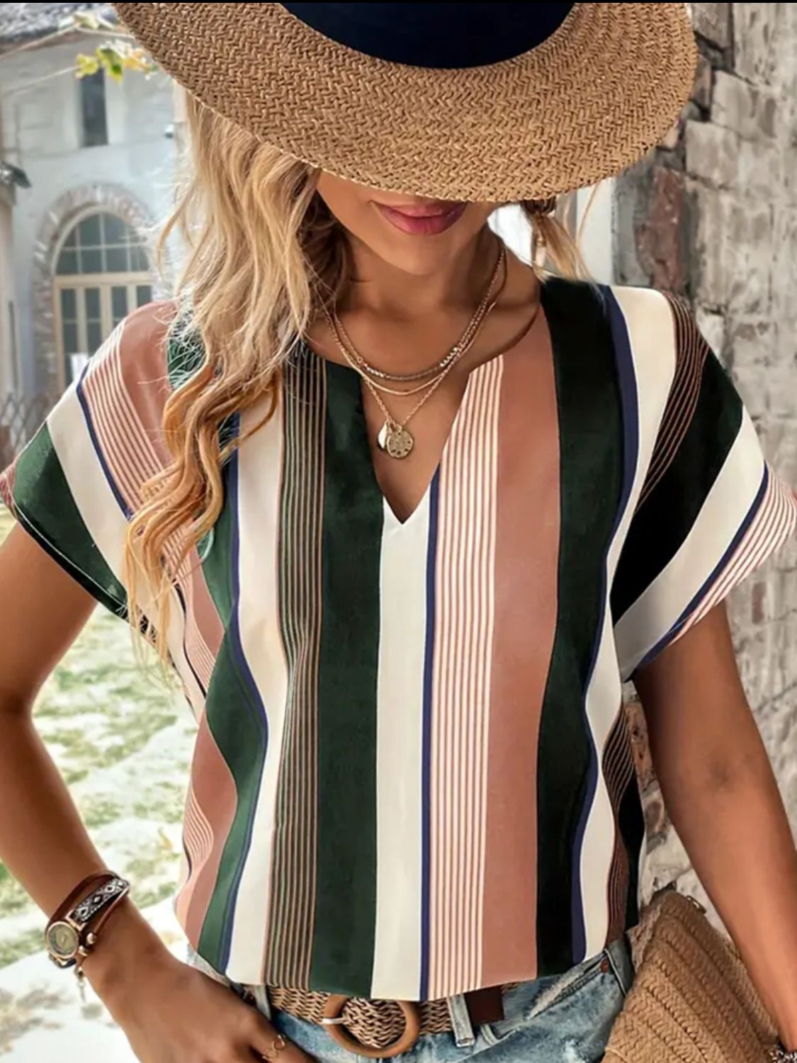 Shari Striped Notched Neck Short Sleeve Blouse- 1 Large Left! FINAL SALE!