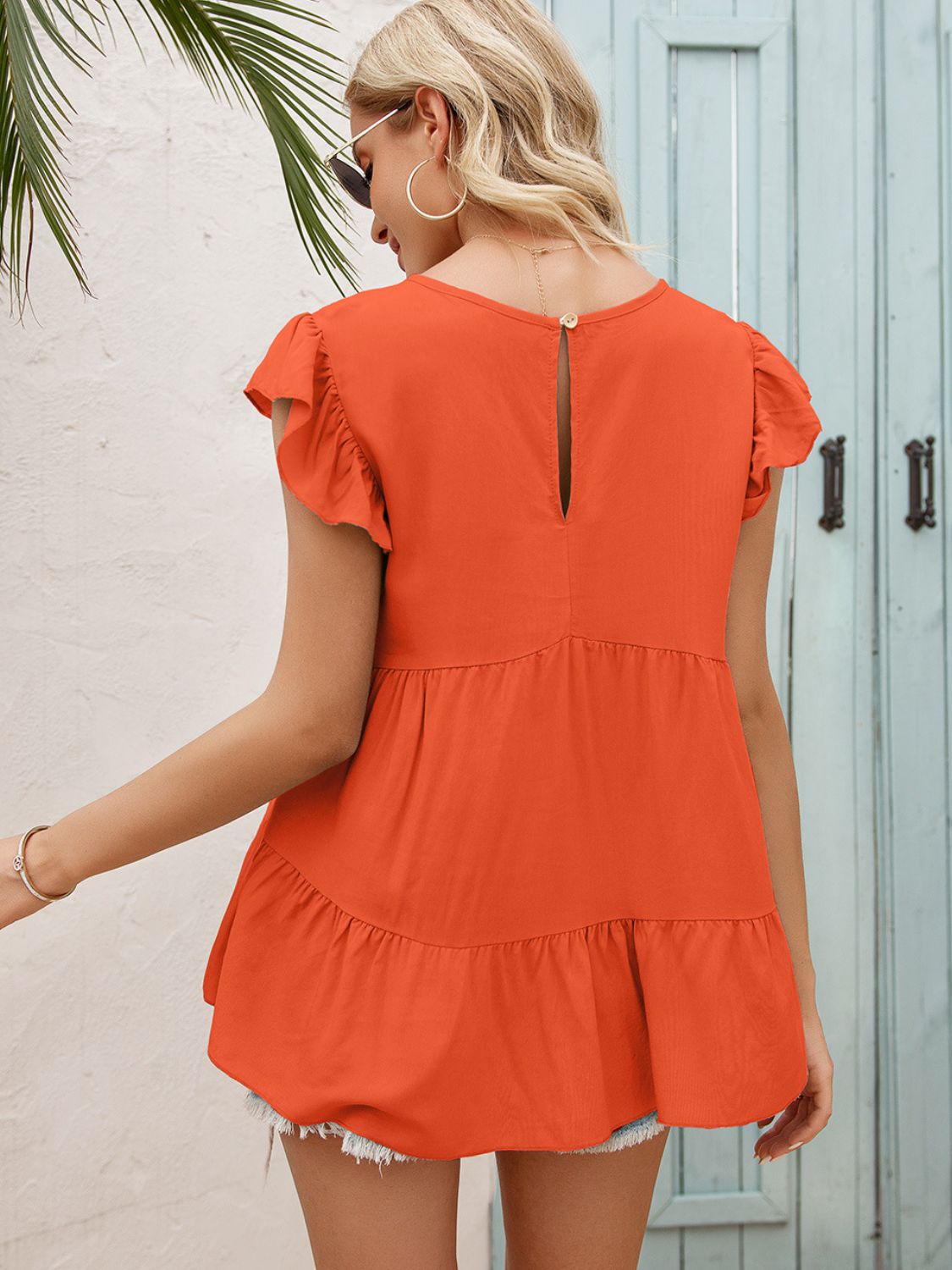 Allison Round Neck Flutter Sleeve Tiered Blouse- 1 size XL, Black left and 1 size XL, Tangerine left! FINAL SALE!