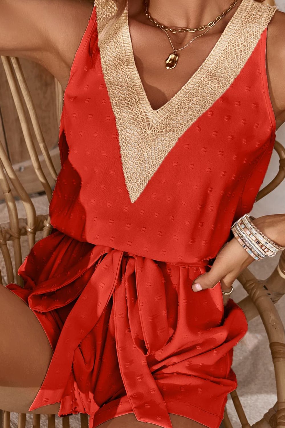 Natalie Swiss Dot Contrast Tie Waist Romper- 1 size XL, Sand left! FINAL SALE!