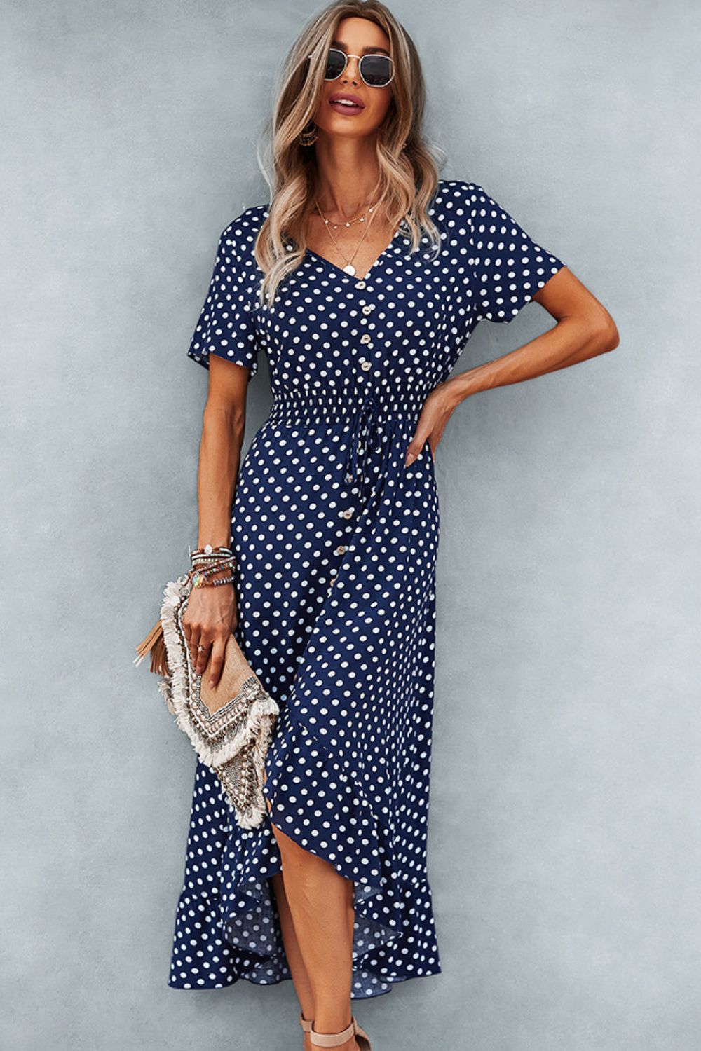 Kathryn Polka Dot Ruffle Hem V-Neck Short Sleeve Midi Dress- 1 Navy, XL left! FINAL SALE!