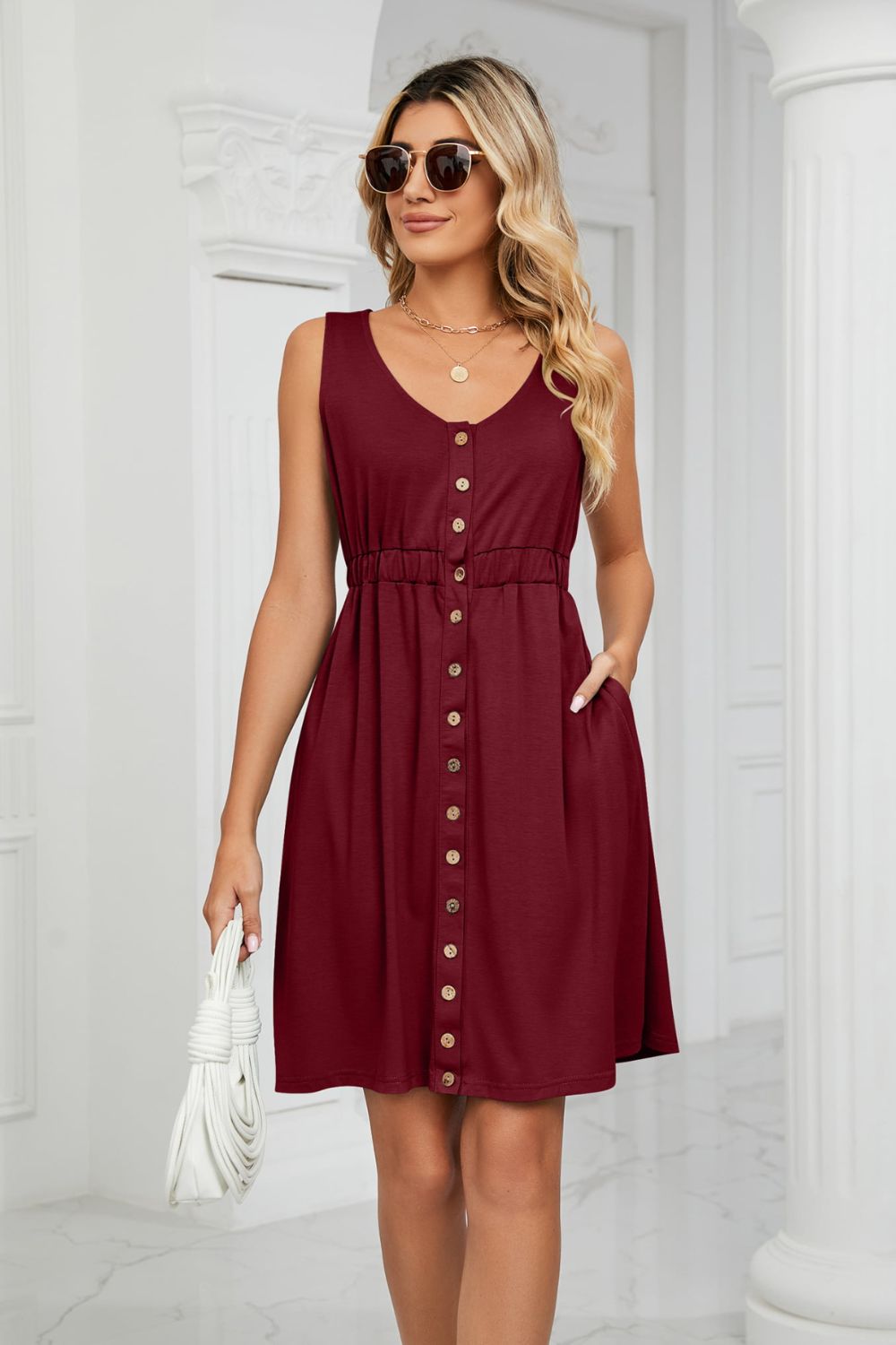 Tanna Buttoned V-Neck Sleeveless Mini Dress with Pockets- 1 size Small, White left! FINAL SALE!