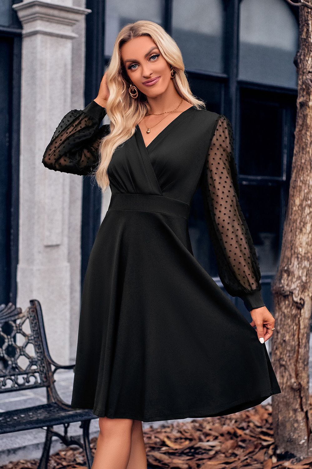 PREORDER Surplice Neck Swiss Dot Long Sleeve Dress