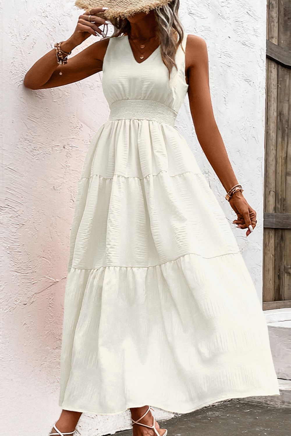 Jessica V-Neck Smocked Waist Sleeveless Tiered Dress- 2 size 2XLs left in Tangerine and 1 size 2XL left in Blush Pink! FINAL SALE!
