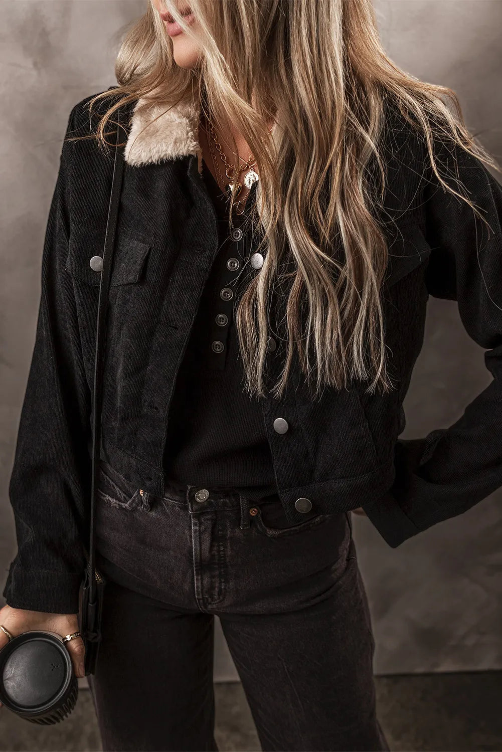 PREORDER Fuzzy Collared Neck Button Down Jacket 2/9