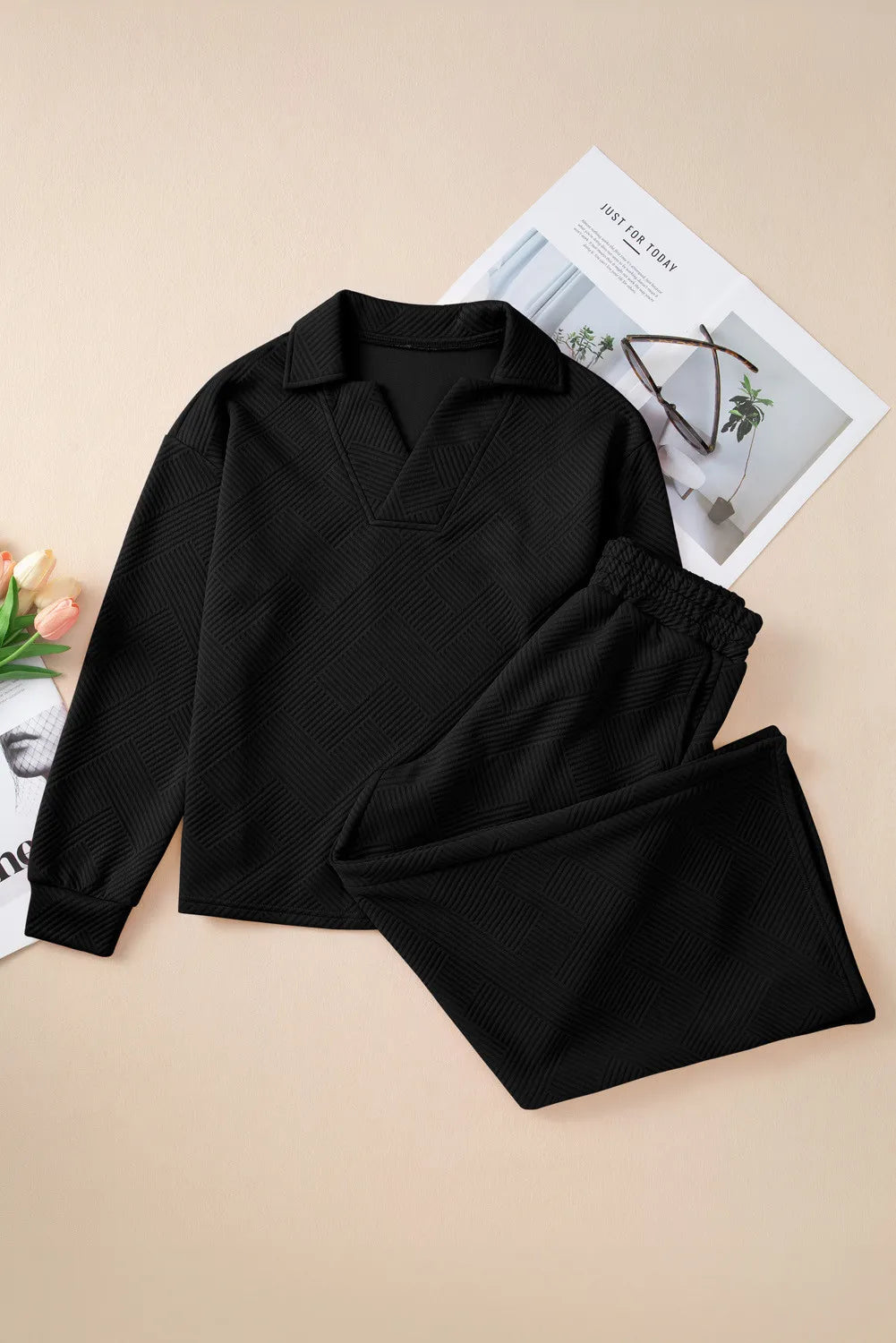 PREORDER Textured Long Sleeve Top and Drawstring Pants Set 2/9