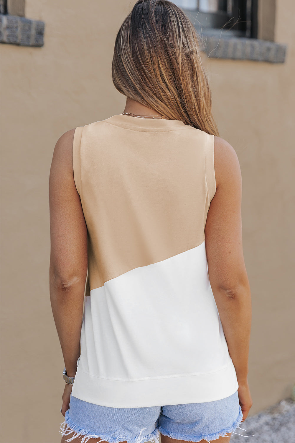 Cali Contrast Round Neck Tank Top- 1 size Large, Sand left! FINAL SALE!