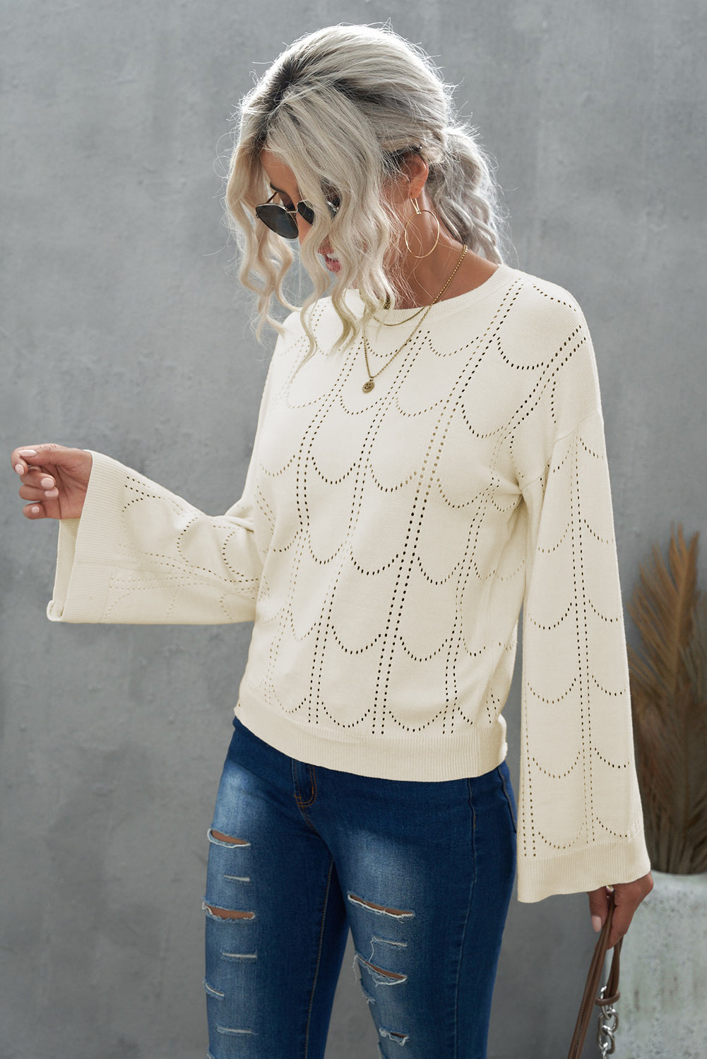 Olivia Openwork Flare Sleeve Pullover- 1 Small, Beige left! FINAL SALE!