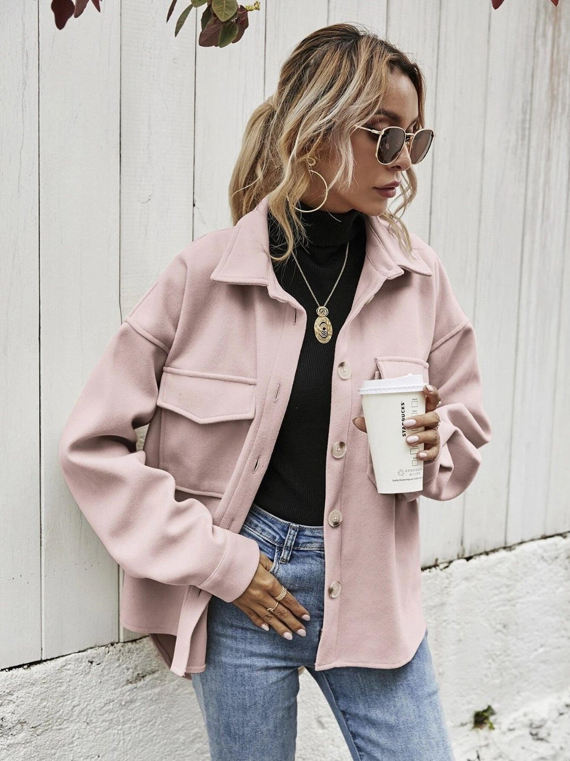 Shaley Dropped Shoulder Shacket with Pockets- 1 size XL/Blush Pink left! FINAL SALE!