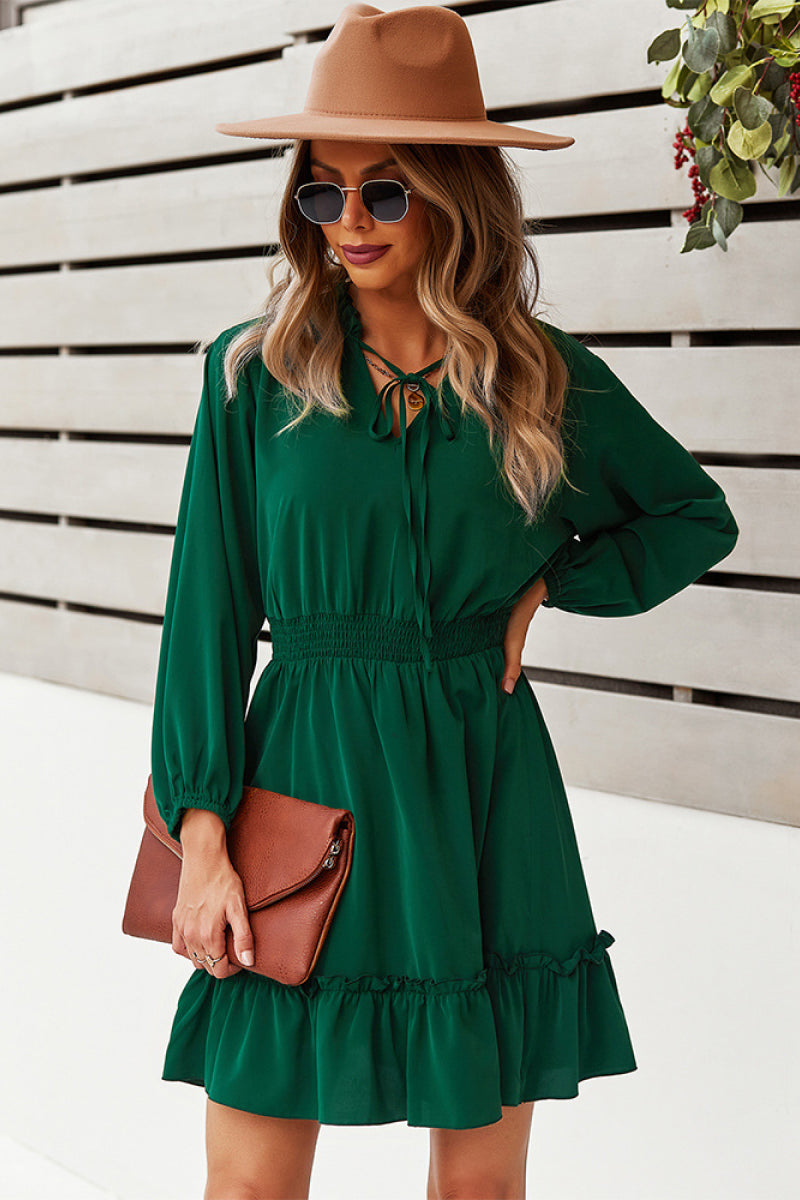 Taylor Tie Neck Smocked Waist Ruffle Hem Dress- 1 size M left! FINAL SALE!