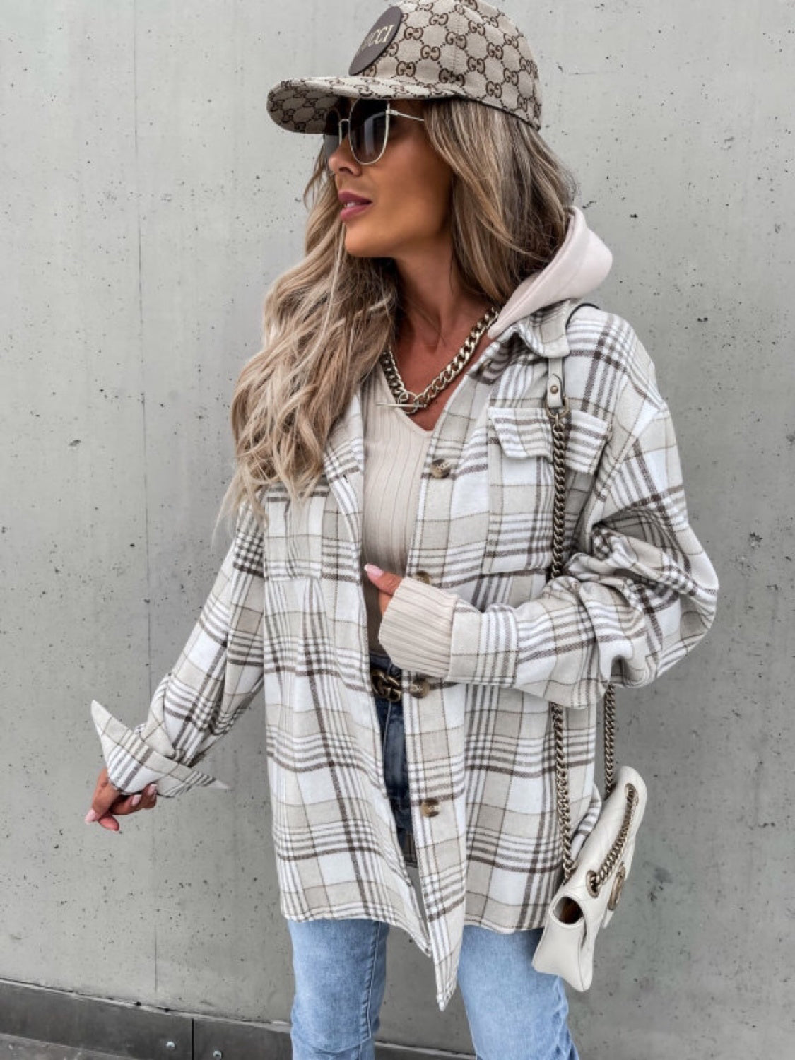 Plaid Open Front Dropped Shoulder Hooded outlet Fleece Jacket