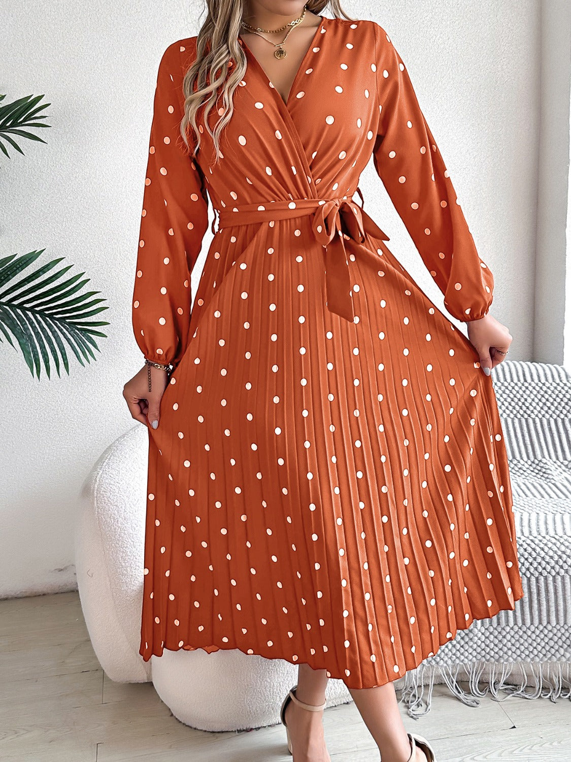 PREORDER Tied Polka Dot Long Sleeve Midi Dress