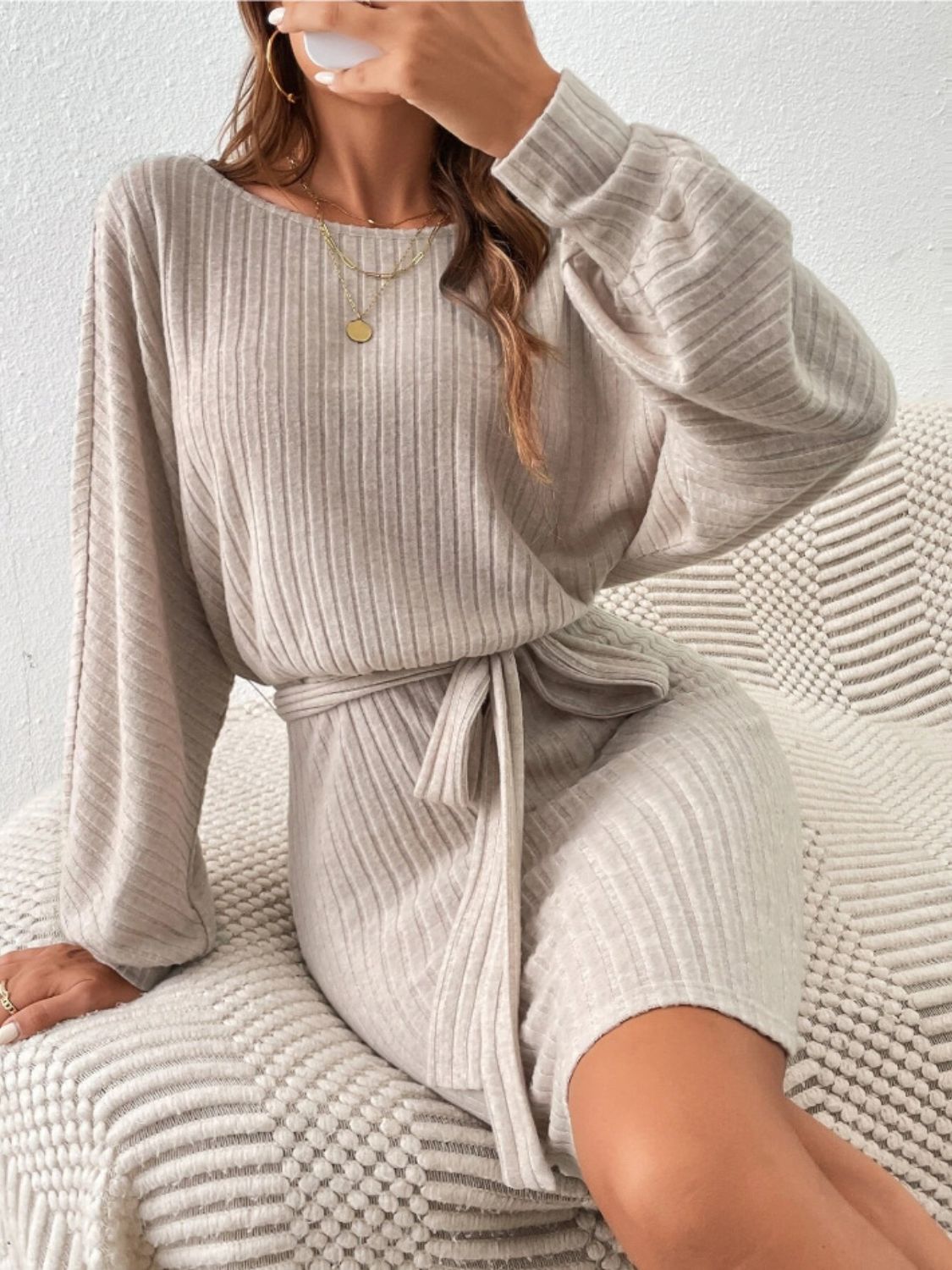 PREORDER Round Neck Tie Waist Long Sleeve Mini Dress 2/9
