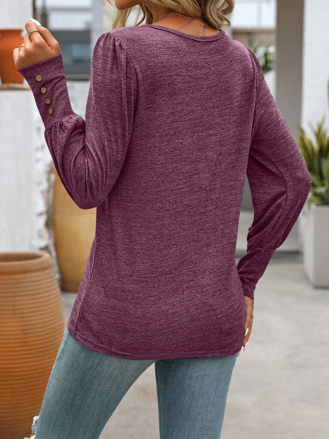PREORDER Decorative Button Round Neck Long Sleeve T-Shirt