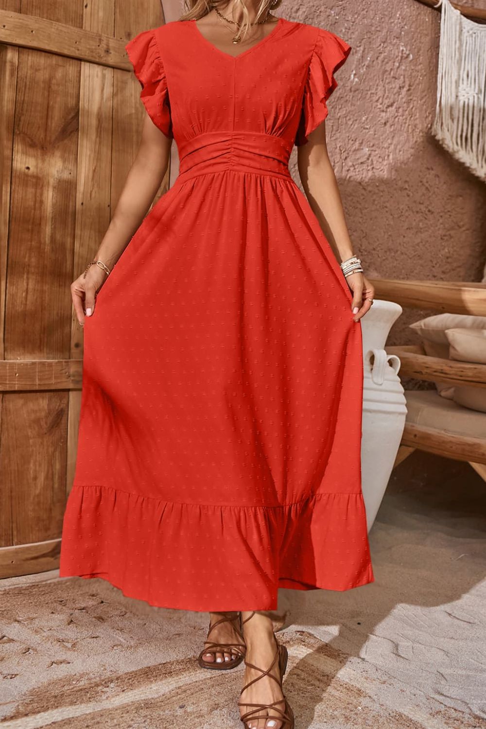 Karen Swiss Dot V-Neck Flutter Sleeve Dress