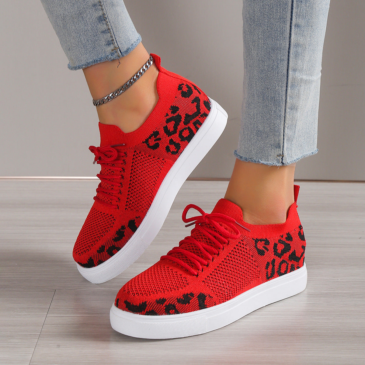 PREORDER Lace-Up Leopard Flat Sneakers 2/9