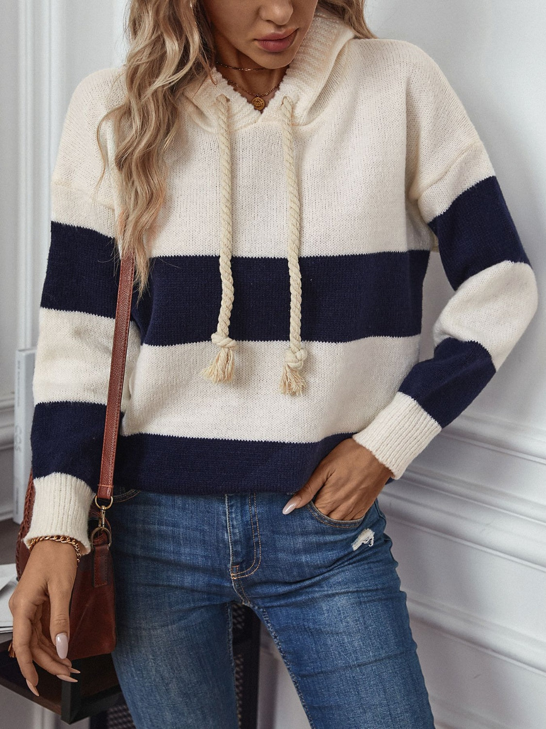 PREORDER: Drawstring Contrast Stripe Dropped Shoulder Hooded Sweater