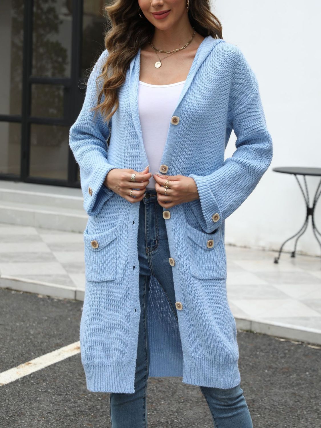 PREORDER Pocketed Button Up Long Sleeve Hooded Cardigan 2/9