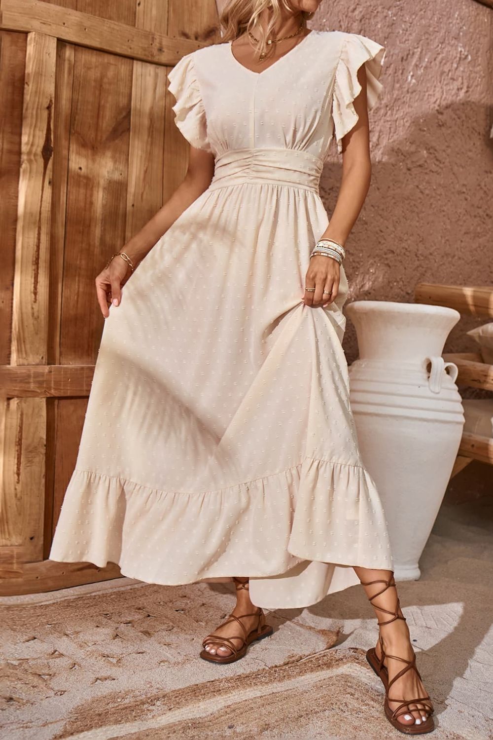 Karen Swiss Dot V-Neck Flutter Sleeve Dress