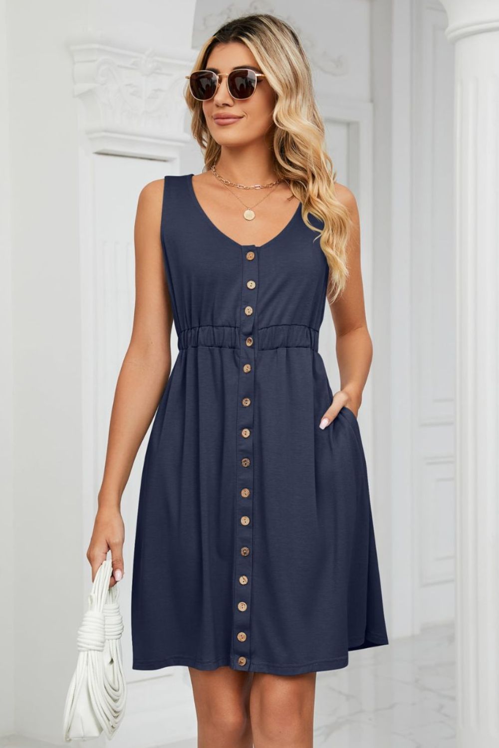 Tanna Buttoned V-Neck Sleeveless Mini Dress with Pockets- 1 size Small, White left! FINAL SALE!