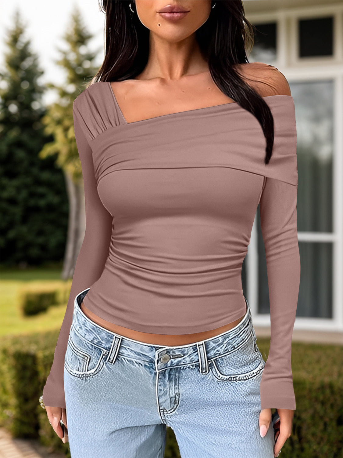 PREORDER Ruched One Shoulder Long Sleeve T-Shirt 2/9