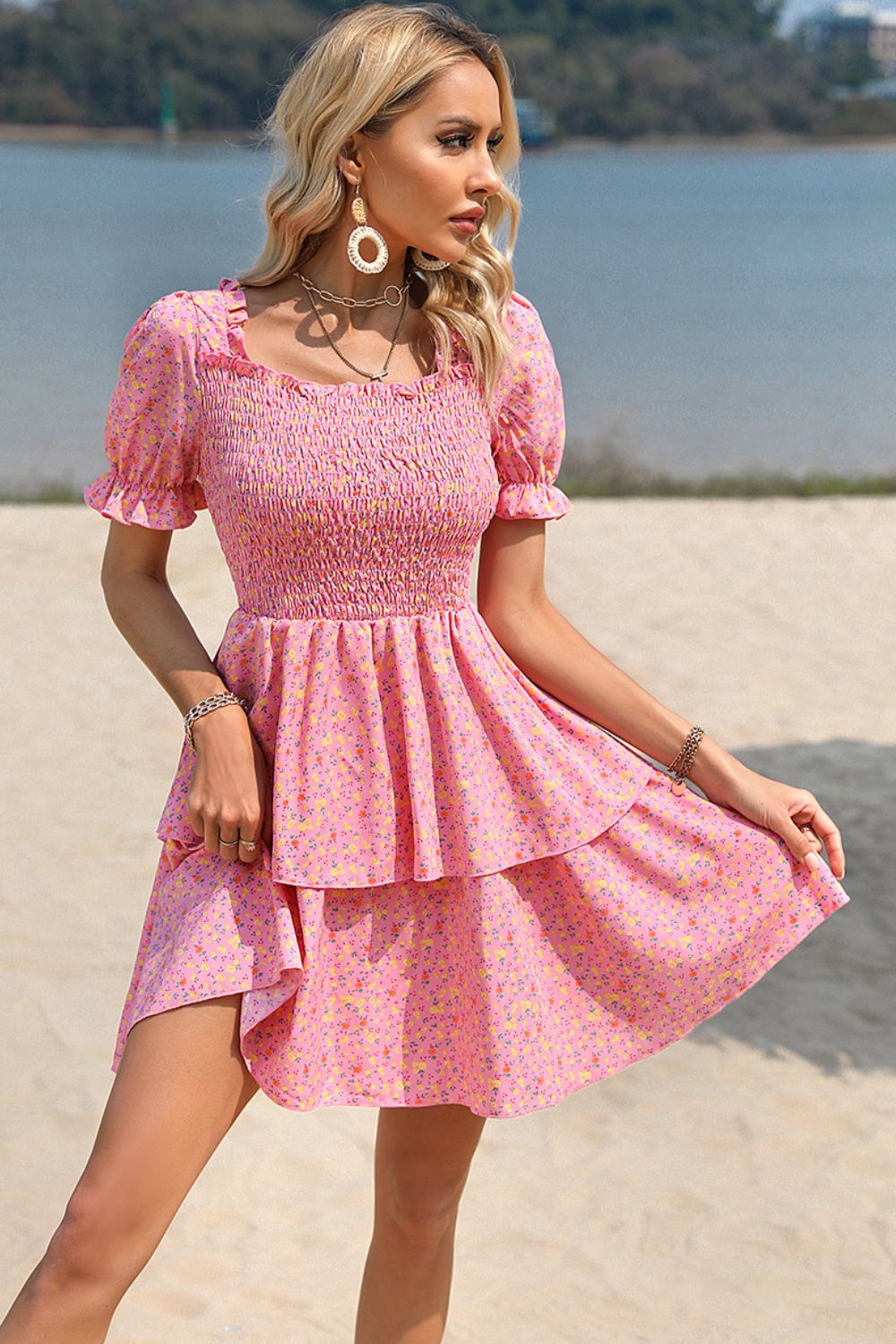 Emma Floral Tie Back Smocked Layered Dress- 1 size Large left! FINAL SALE!