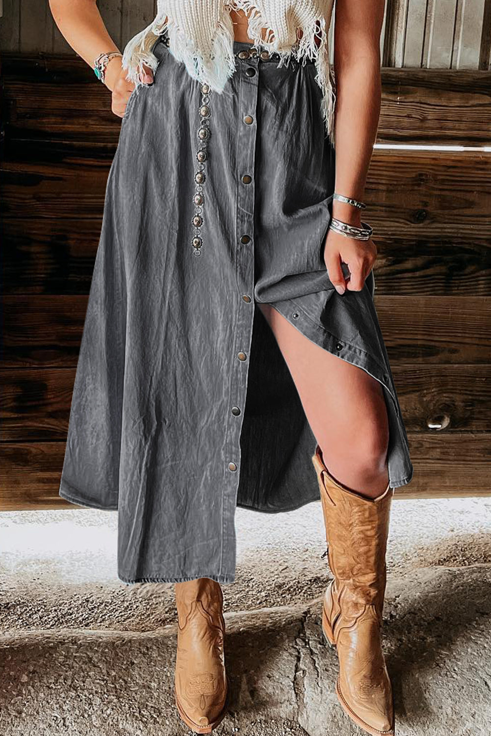 PREORDER Snap Down High Waist Denim Skirt 2/9