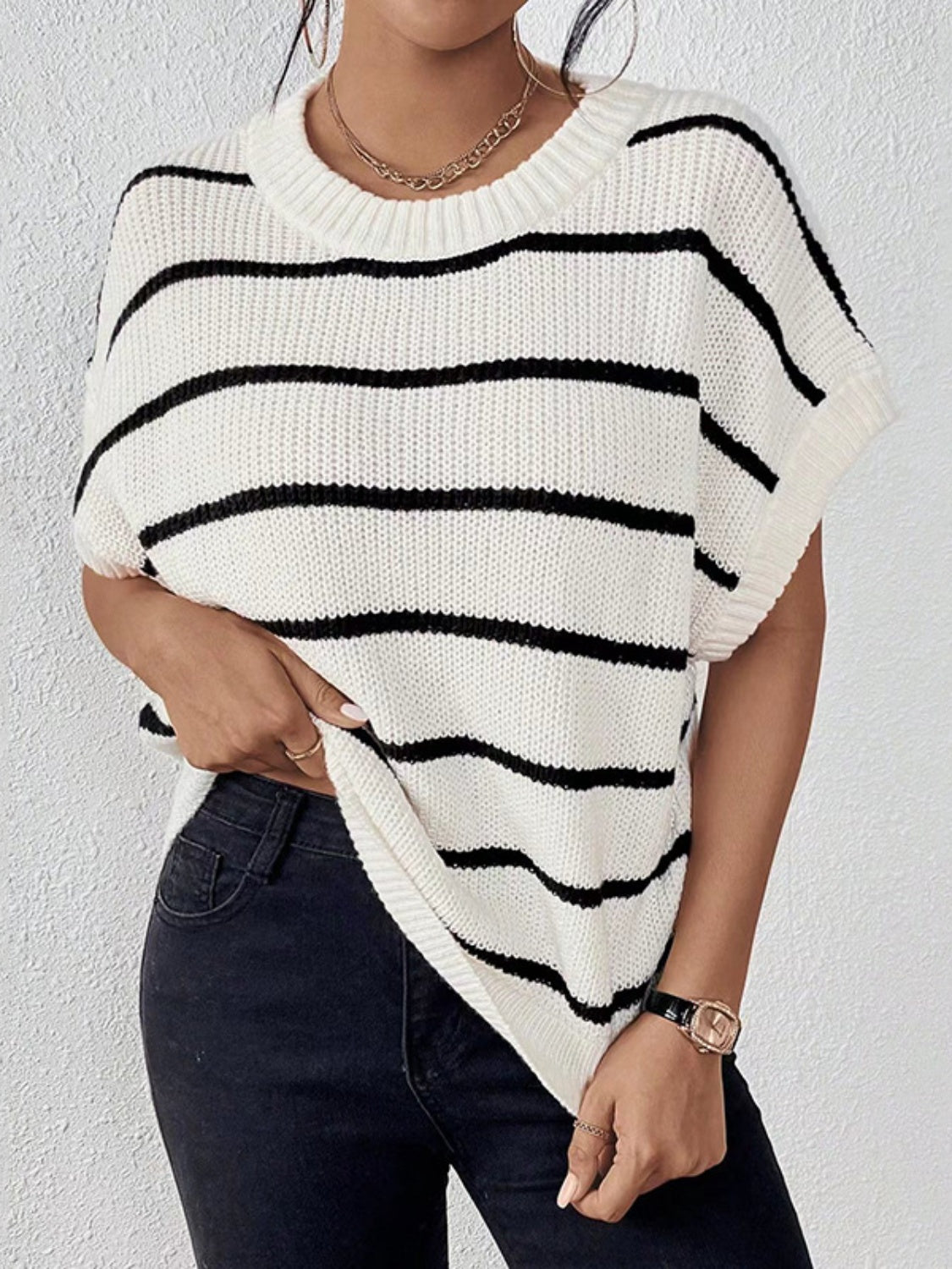 PREORDER Striped Round Neck Short Sleeve Knit Top 2/9