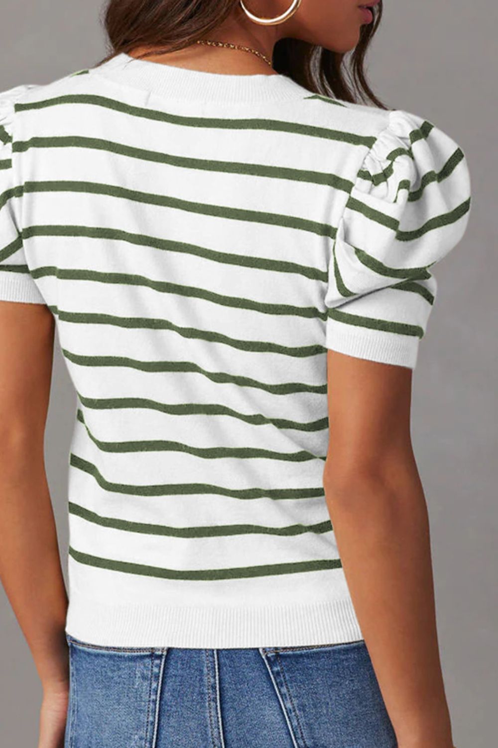 PREORDER Striped Round Neck Puff Sleeve Knit Top 2/9