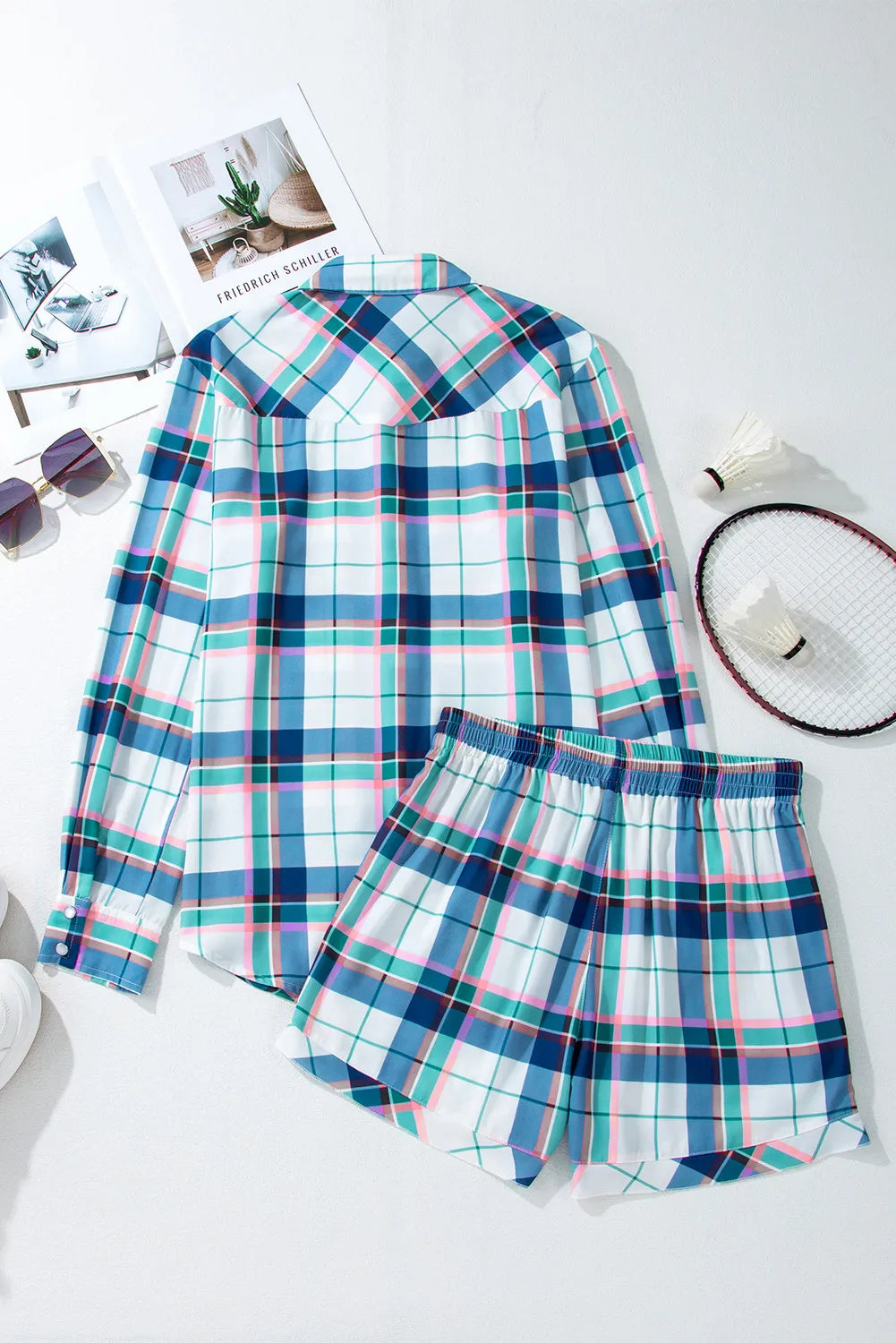 PREORDER Plaid Snap Down Long Sleeve Top and Shorts Lounge Set
