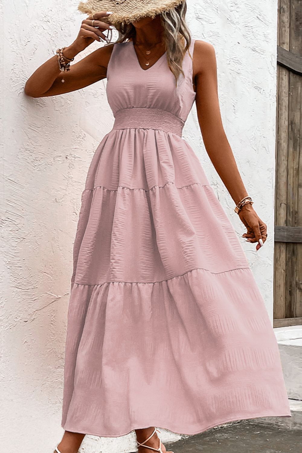 Jessica V-Neck Smocked Waist Sleeveless Tiered Dress- 2 size 2XLs left in Tangerine and 1 size 2XL left in Blush Pink! FINAL SALE!